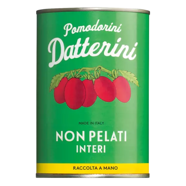 Pomodorini Datterini italienische Datteltomaten in Tomatensaft in grüner Dose